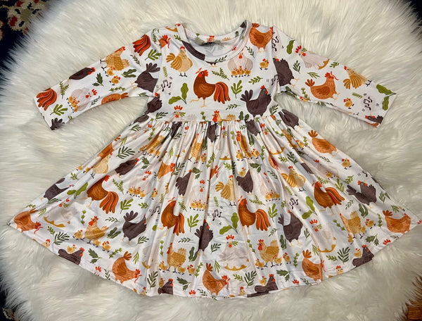 Cozy Country Chicken Long Sleeve Dress Whimsical Farmyard Print 6/12 mos Cozy Country Chicken Long Sleeve Dress Whimsical Farmyard Print 6/12 mos