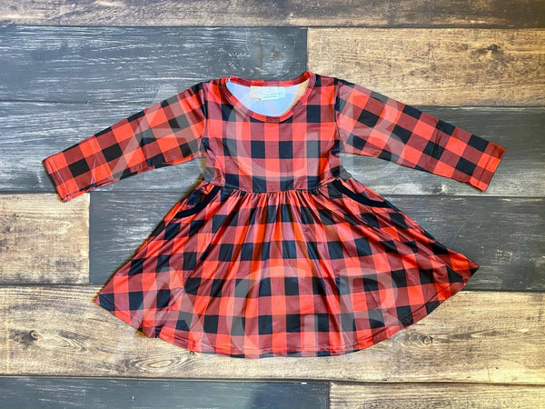 Buffalo Plaid Long Sleeve Pockets Twirly Dress