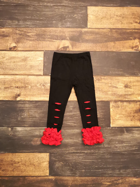 Black with Red Ruffle Distressed Icing Girl Leggings