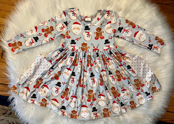 Christmas Gingerbread Santa Snowman Pocket Twirly Dress