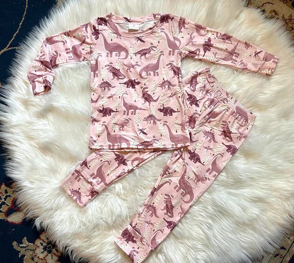 Pink Dinosaur Christmas Pajama Set