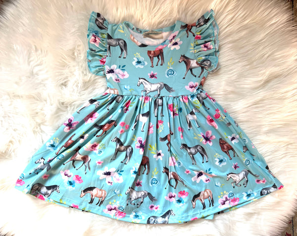 Horse Print Flutter Sleeve Girl Dress