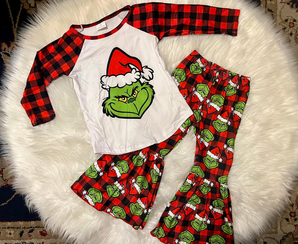 Grinch Buffalo Plaid Top and Belle Bottom Outfit Set