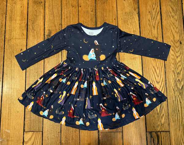 Navy blue Christmas nativity twirly ruffle dress for girls