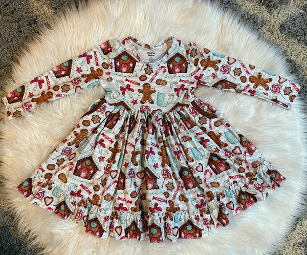Gingerbread Twirly Dress with Pockets & Ruffles - Holiday Girls Dress | Ava Grace