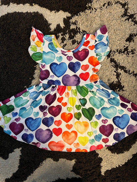 Valentine's Day Rainbow Hearts Girl Flutter Sleeve Dress