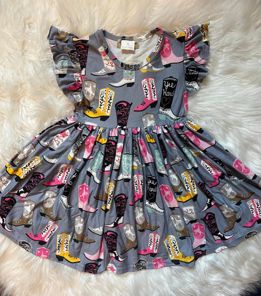 Western Cowgirl Boots Grey Twirly Girl Dress