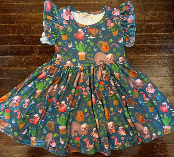 Sloth Print Green Dress - Preorder 6-8 weeks