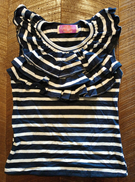 Navy Blue and White Stripes Front Ruffle Tank Top