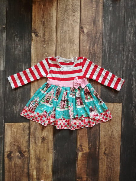 Red White Stripes Gingerbread House Long Sleeve Milk Silk Dress - Ava Grace Boutique