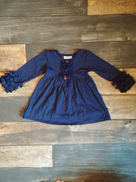 Long Sleeve Ruffle Dress - Navy Blue