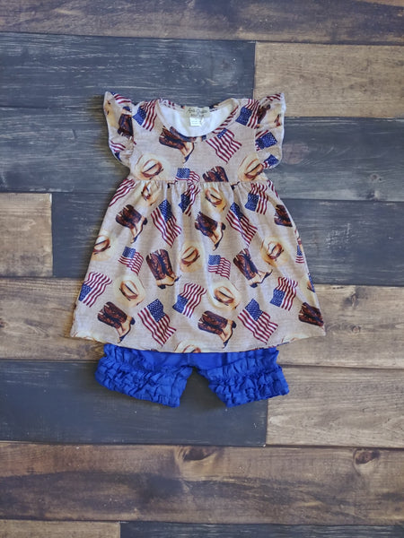 Flags and Cowboy Boots Milk Silk Dress and Ruffle Short Set