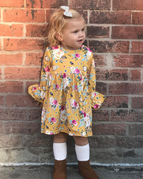 Fall Floral Yellow Long Sleeve Floral Belle Dress