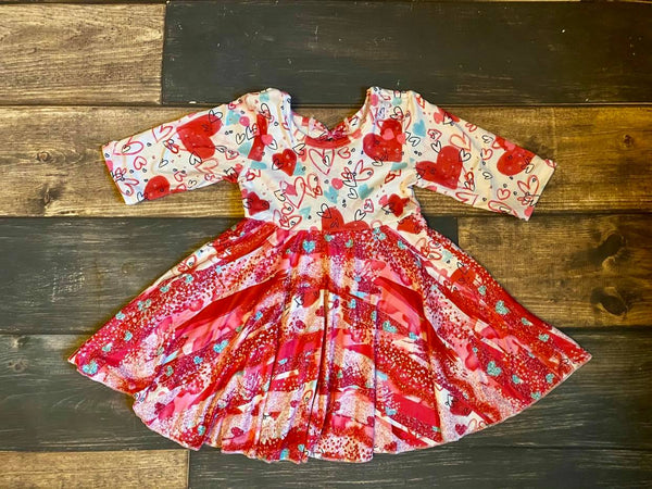 Valentine Hearts Twirly 3/4 Sleeve Dress with 3 bows on back