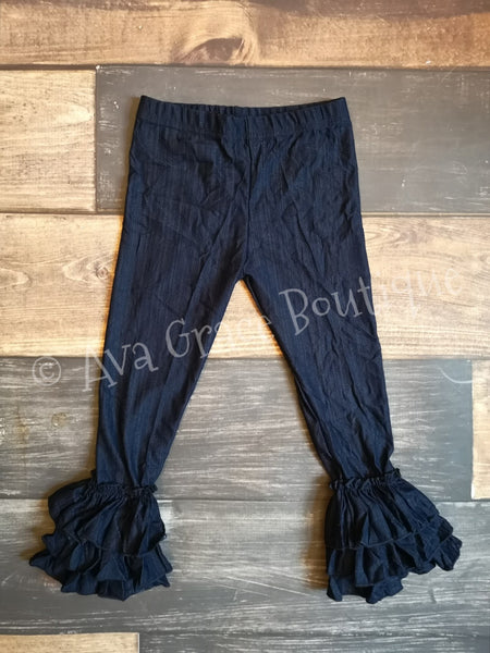 Navy Blue Knit Denim Triple Ruffle Legging