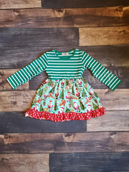 Santa Green Stripes Ruffle Dress - Ava Grace Boutique