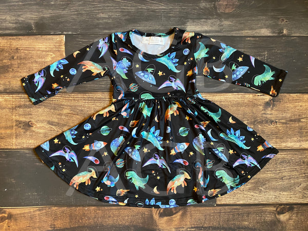 Dinosaur Space Twirly Girl Dress