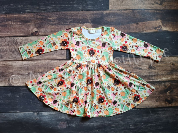 Dinosaurs Thanksgiving Long Sleeve Girl Twirly Dress