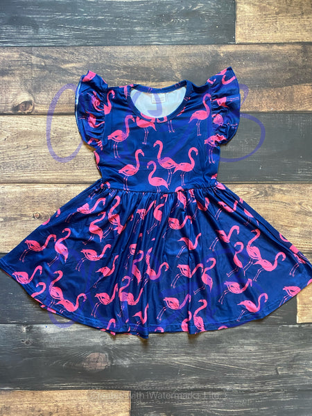 Navy Flamingo Print Twirly Dress