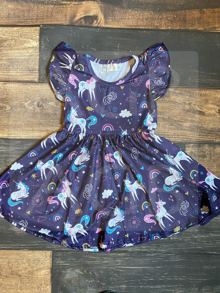 Navy Unicorn Twirly Style Girl Dress
