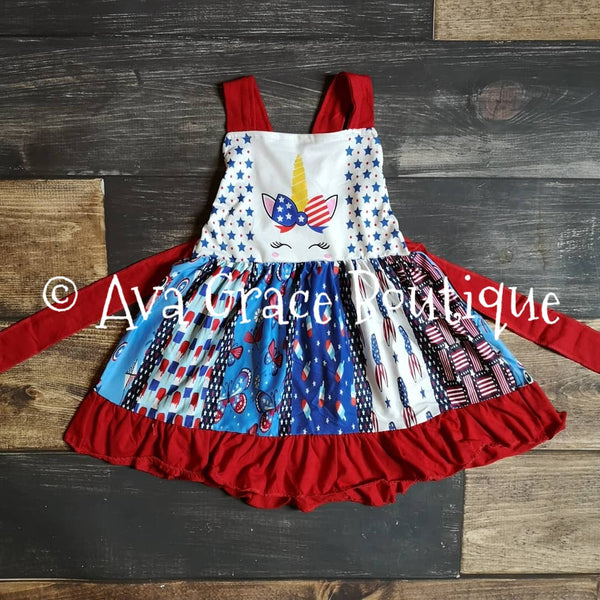 Unicorn 4th of July Girl Twirly Ruffle Dress
