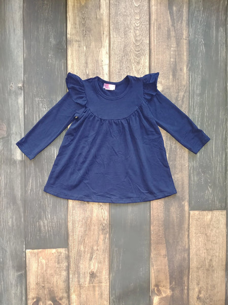 Navy Blue Flutter Long Sleeve Pearl Knit Dress - Ava Grace Boutique