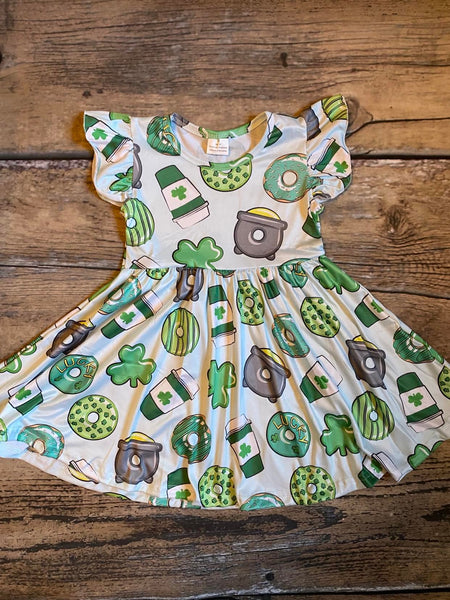 St. Patrick Shamrock Coffee Donuts Twirly Girl Dress