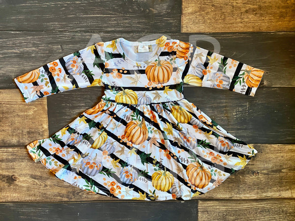 Pumpkin Stripes Long Dress Twirly Style - Ava Grace Boutique