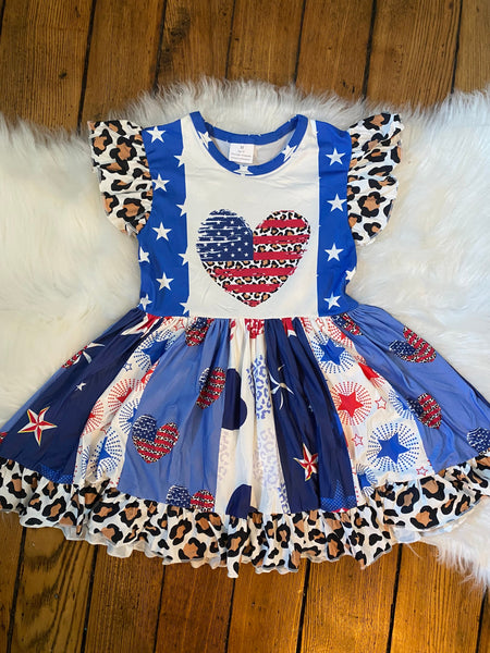 4th of July Leopard Twirly Ruffle Dress