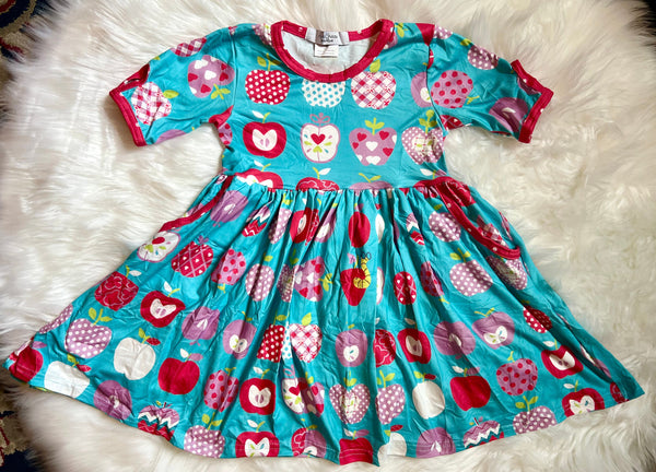 Sweet Apple Print Pocket Twirly Girl Dress - Back-to-School Outfit