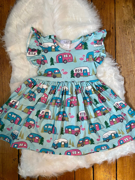 Camper Camping Print Twirly Dress