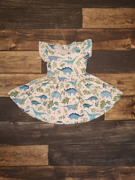 Dinosaur Mint Green Twirly Girl Dress