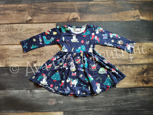 Dinosaurs Christmas Long Sleeve Twirly Girl Dress