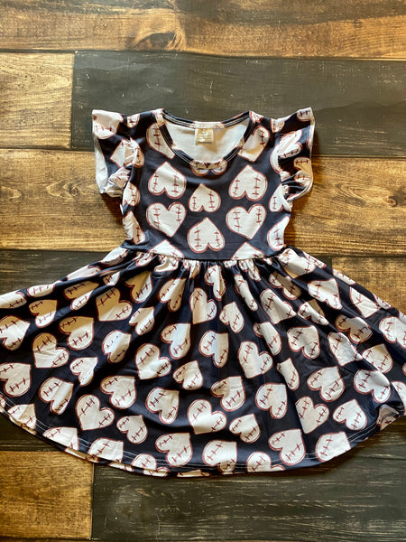 Navy Baseball Hearts Twirly Girl Dress
