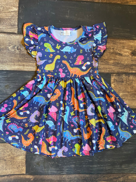 Navy Dinosaur Prints Twirly Girl Dress