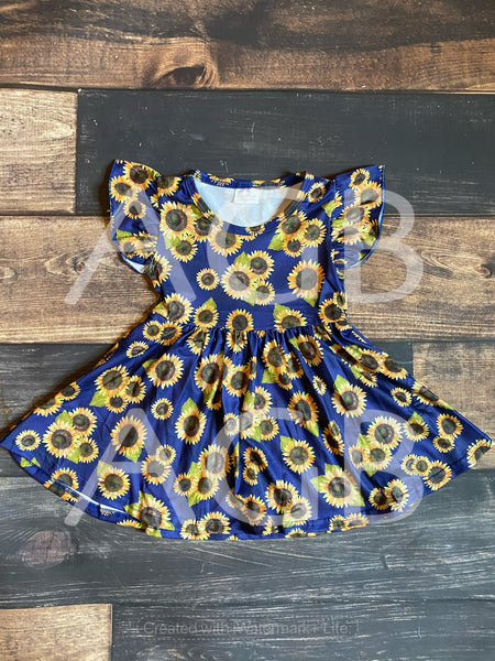 Navy Sunflower Milk Silk Dress Twirly Style