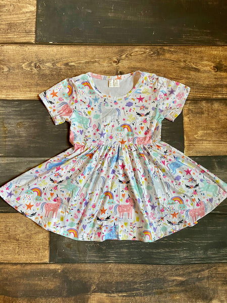 Rainbow Unicorn Milk Silk Twirly Dress A - Ava Grace Boutique