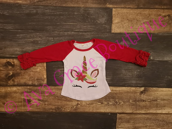 Unicorn Christmas Ruffle Girl Top