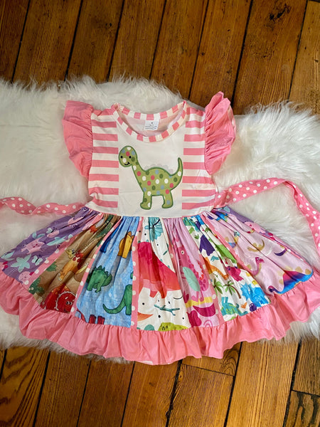 Dinosaur Flutter Sleeve Twirly Girl Dress