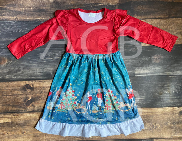 Nutcracker Red Green Long Sleeve Ruffle Dress