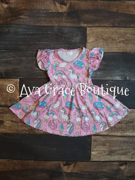 Pink Rainbow Unicorn Girl Twirly Dress