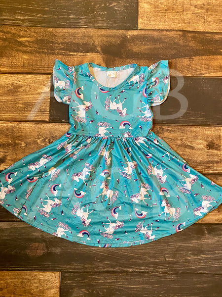 Unicorn Teal Twirly Style Girl Dress