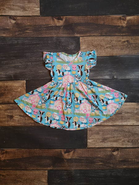 Mint Pink Farm Animals Girl Twirly Dress