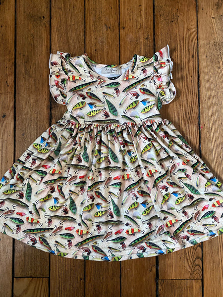 Fishing Print Flutter Sleeve Girl Dress