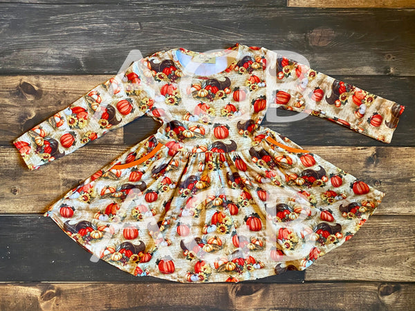 Pumpkin Thanksgiving Pocket Twirly Dress - Ava Grace Boutique
