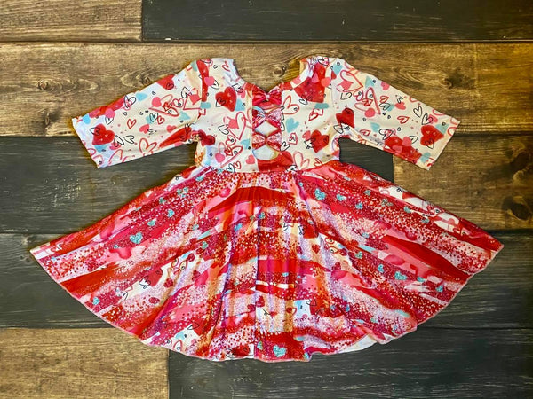 Valentine Hearts Twirly 3/4 Sleeve Dress with 3 bows on back