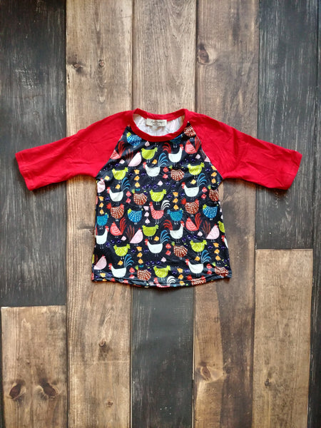Chicken Print Raglan 3/4 Tee with Red Sleeve - Ava Grace Boutique