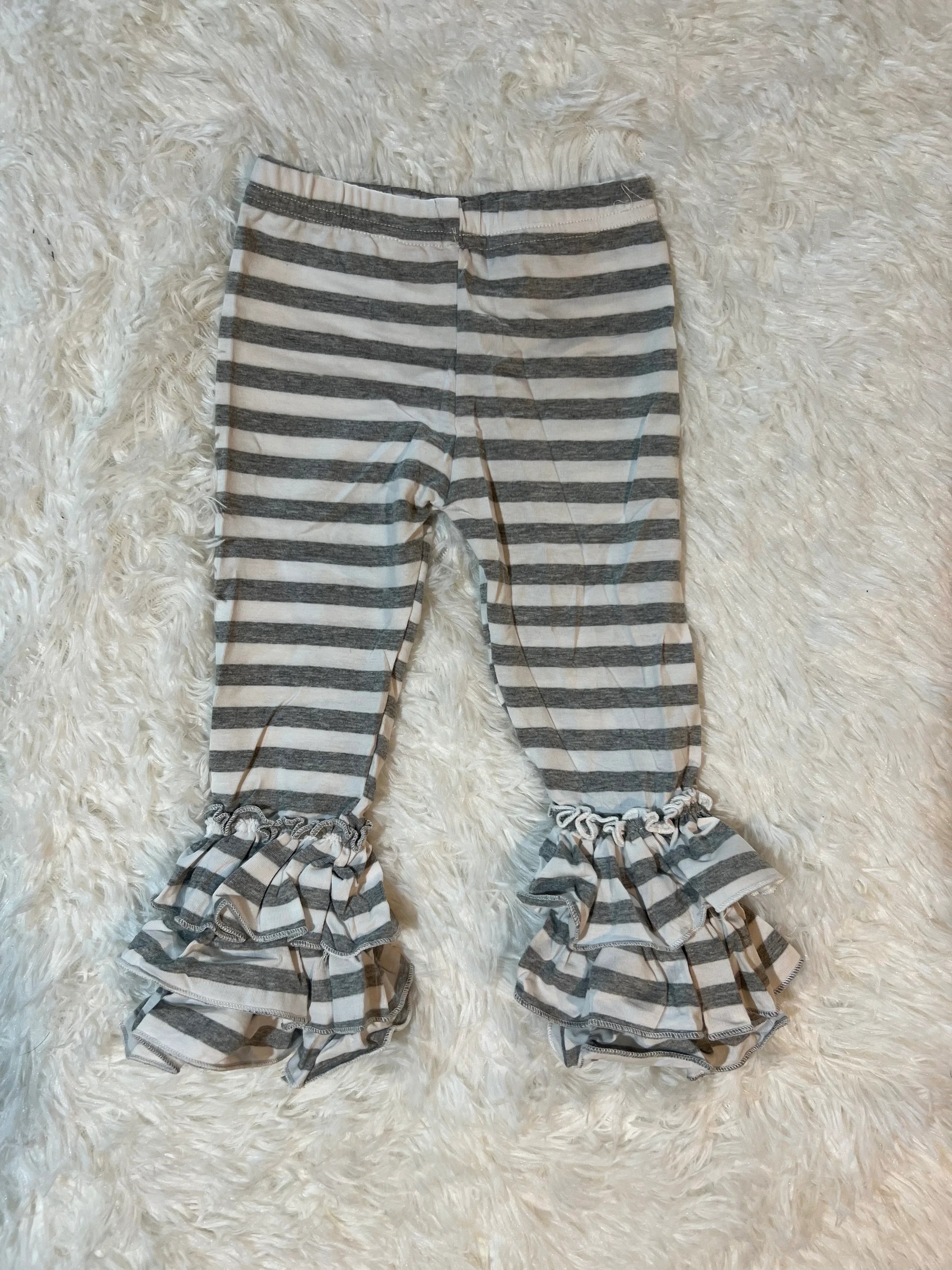 Grey and White Stripes Truffle Triple Ruffle Leggings
