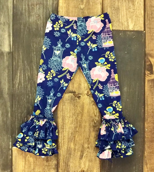 Navy Blue Birdcage Truffle Triple Ruffle Leggings - Ava Grace Boutique