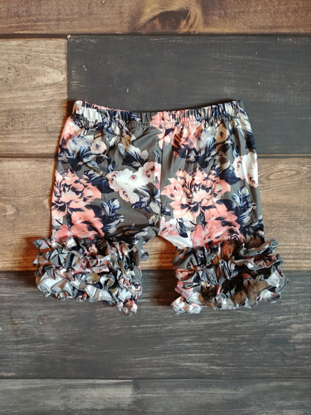 Grey Peach Floral Milk Silk Ruffle Shorts - Ava Grace Boutique